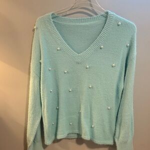Women's Mint Green Sweater with Pearl Accents